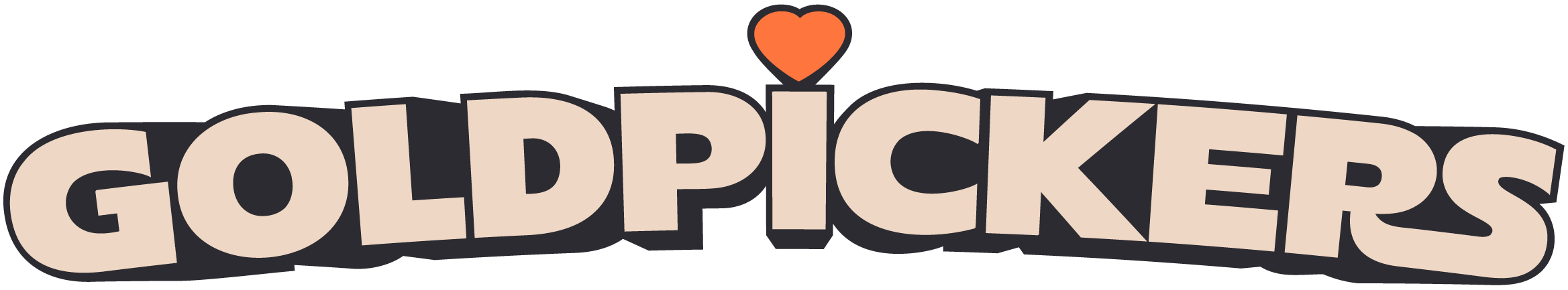 Logo of Goldpickers featuring bold, stylized letters in a gradient of beige to black with a small red heart above the letter 'I' in 'PICKERS'.